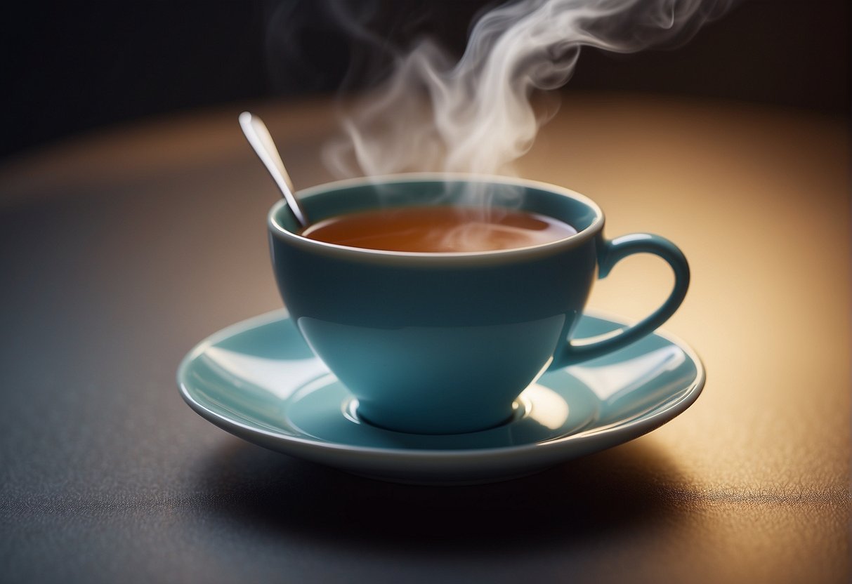 A cup of tea sits on a table, steam rising from its surface. A toothbrush and toothpaste are nearby, indicating the importance of oral hygiene