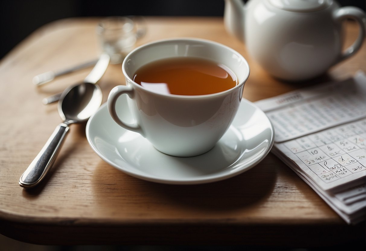 A person sits at a table with a cup of tea, a calendar showing the date of their recent tooth extraction, and a list of recommended times to start reintroducing tea into their diet