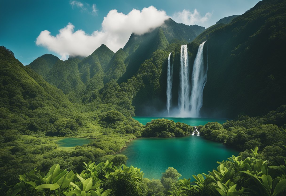 Lush green mountains, cascading waterfalls, and serene lakes create a breathtaking landscape. Volcanic peaks and colorful coral reefs add to the natural wonders