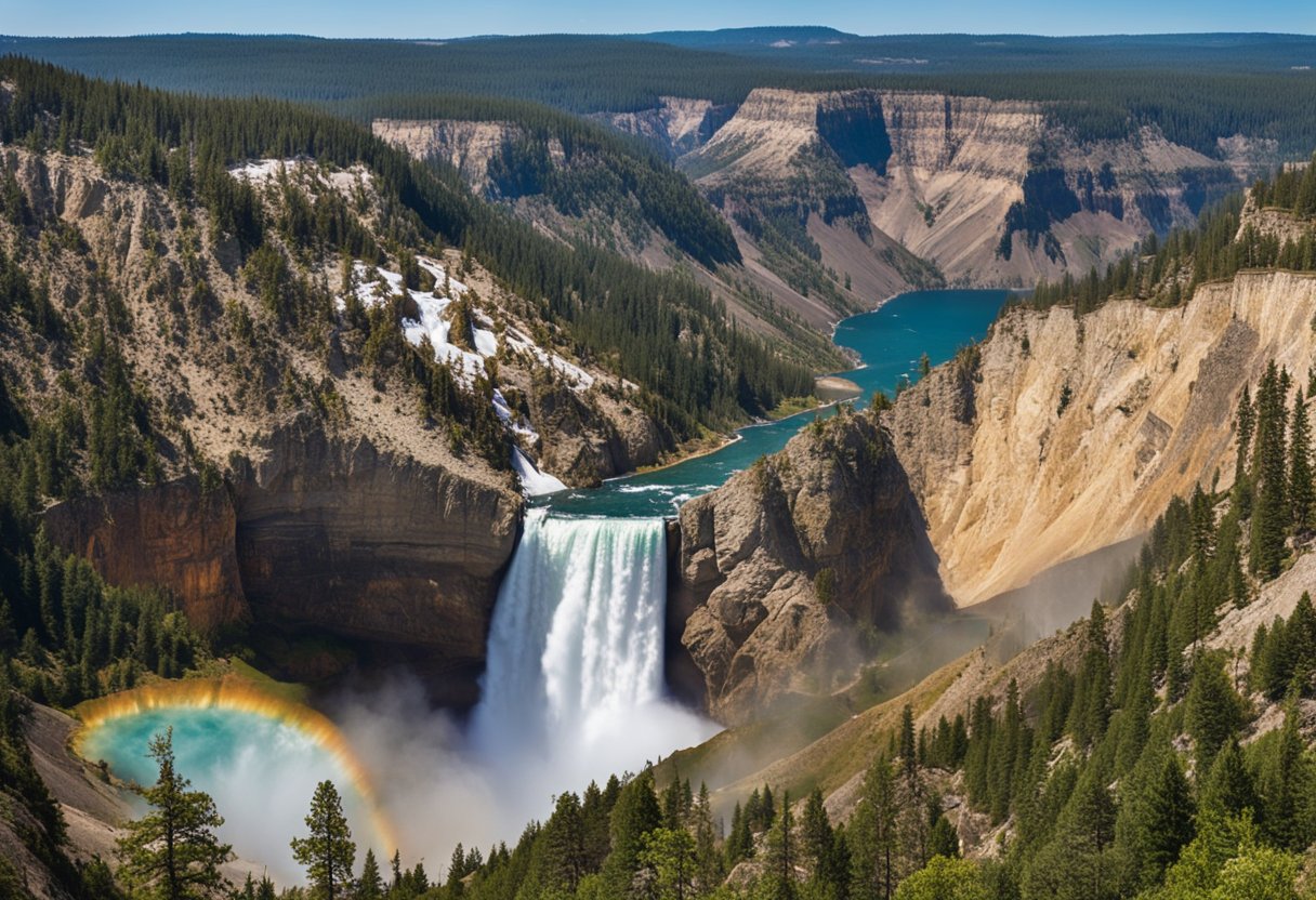 A panoramic view of North American landmarks, including the Grand Canyon, Yellowstone National Park, and Niagara Falls, with vibrant colors and natural beauty