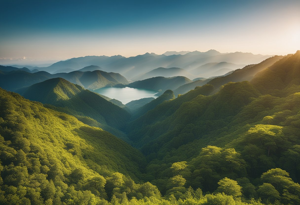 Rolling hills, cascading waterfalls, and vibrant jungles create a breathtaking landscape. Majestic mountains tower in the distance, while a serene lake reflects the beauty of the surrounding nature