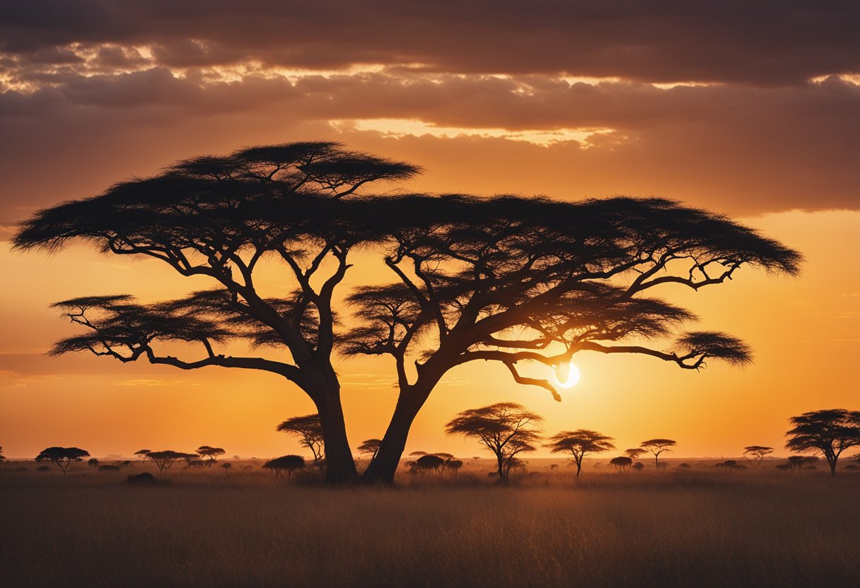 Vast African savannah with towering acacia trees, grazing wildlife, and a vibrant sunset casting a warm glow over the landscape