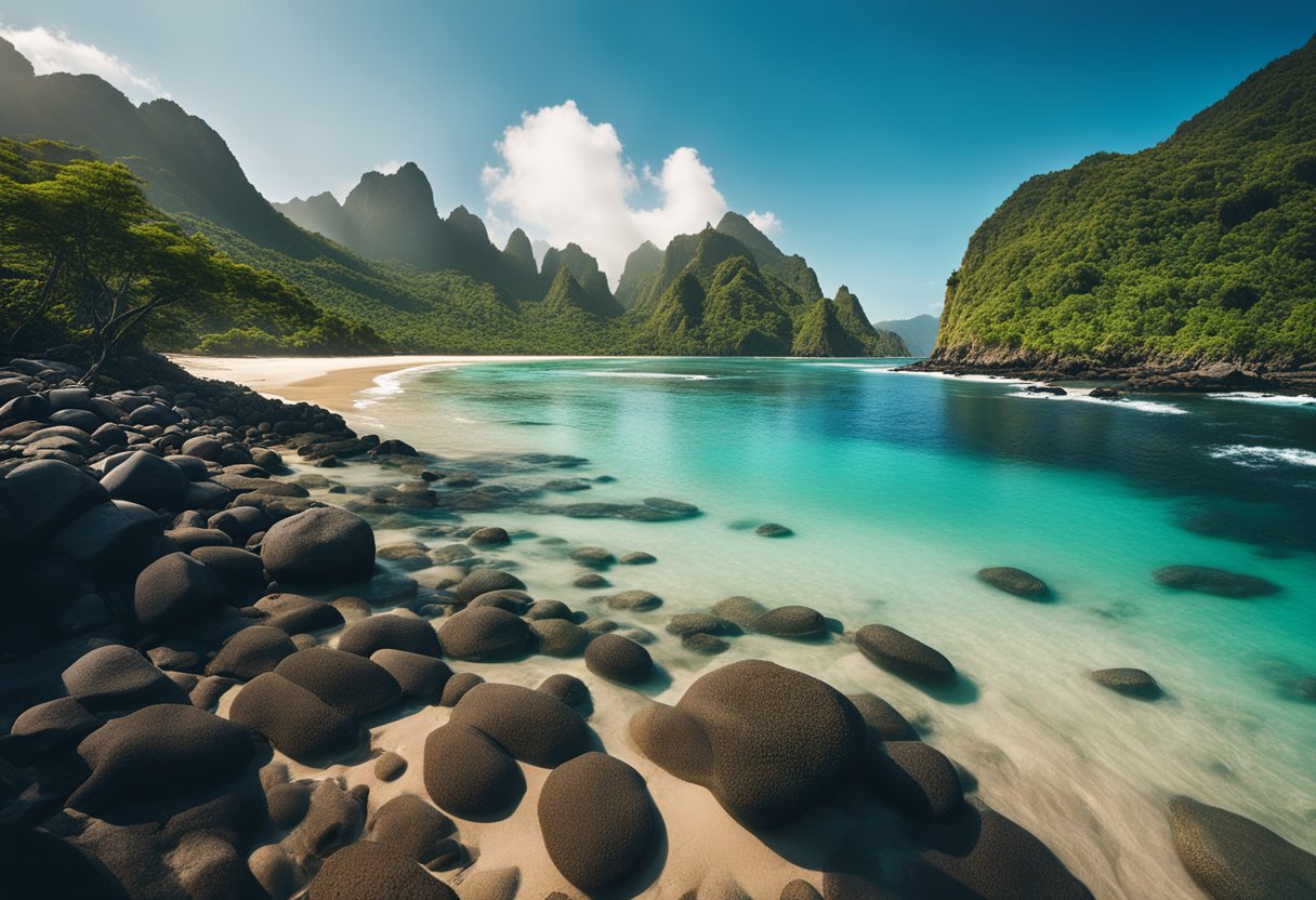 Vibrant coral reefs teeming with life, towering cliffs overlooking pristine beaches, lush rainforests filled with exotic wildlife, majestic waterfalls cascading into crystal-clear pools, expansive deserts with unique rock formations, and stunning mountain ranges piercing the sky