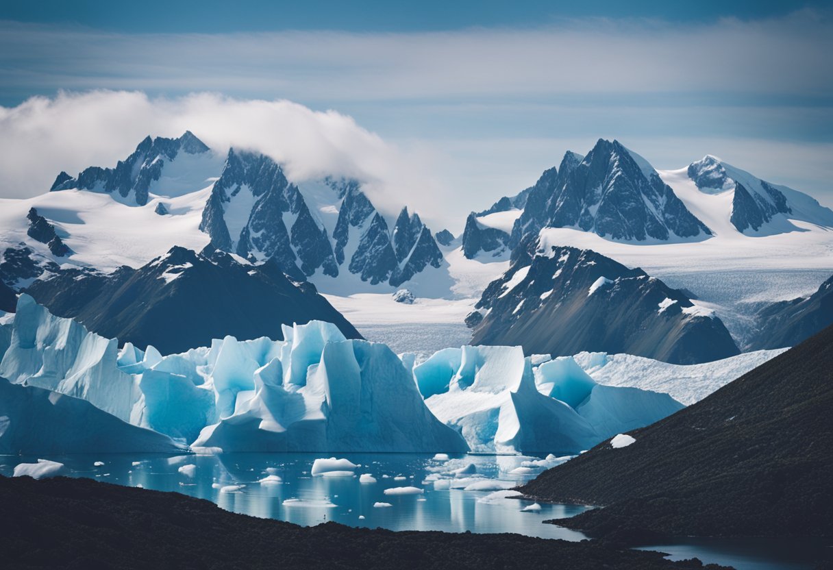 Icy mountains and glaciers stretch across the vast Antarctic landscape, reflecting the cool blue hues of the surrounding ocean