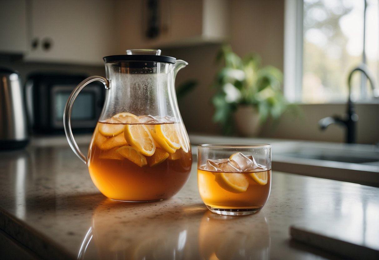 A pitcher of iced tea sits on a kitchen counter next to a water filtration system. The cloudy tea contrasts with the clear water