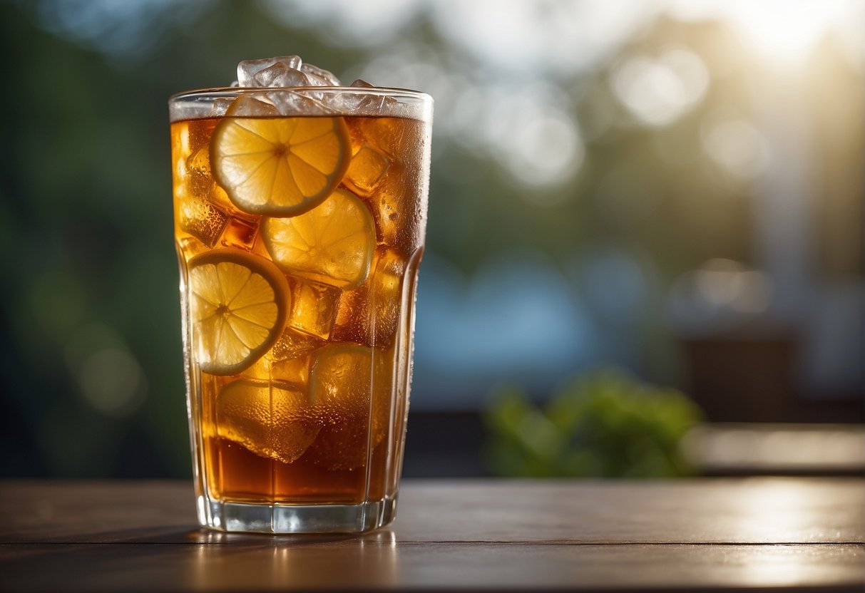A glass of iced tea sits on a table, with swirling clouds of condensation forming on the outside as the tea inside appears cloudy