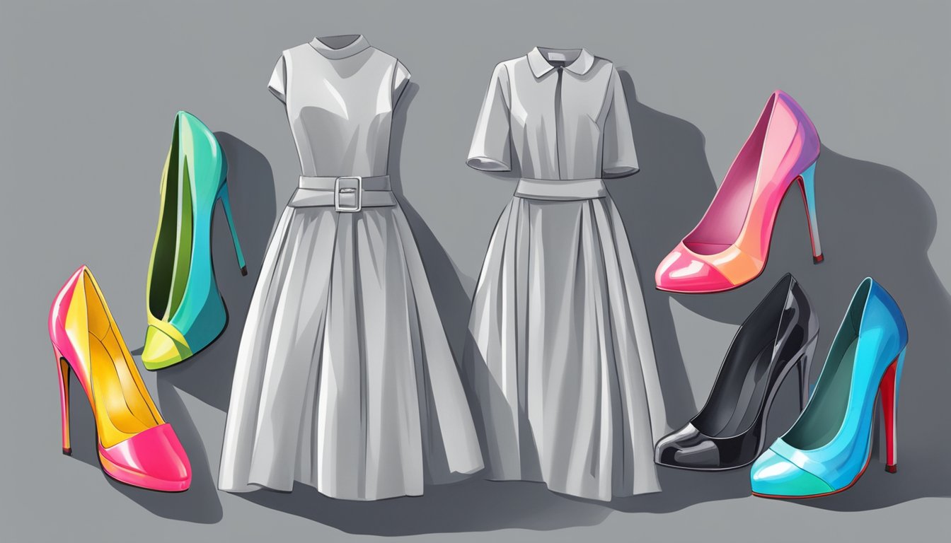 A grey dress surrounded by ten different colored shoes, showcasing the versatility of grey in fashion