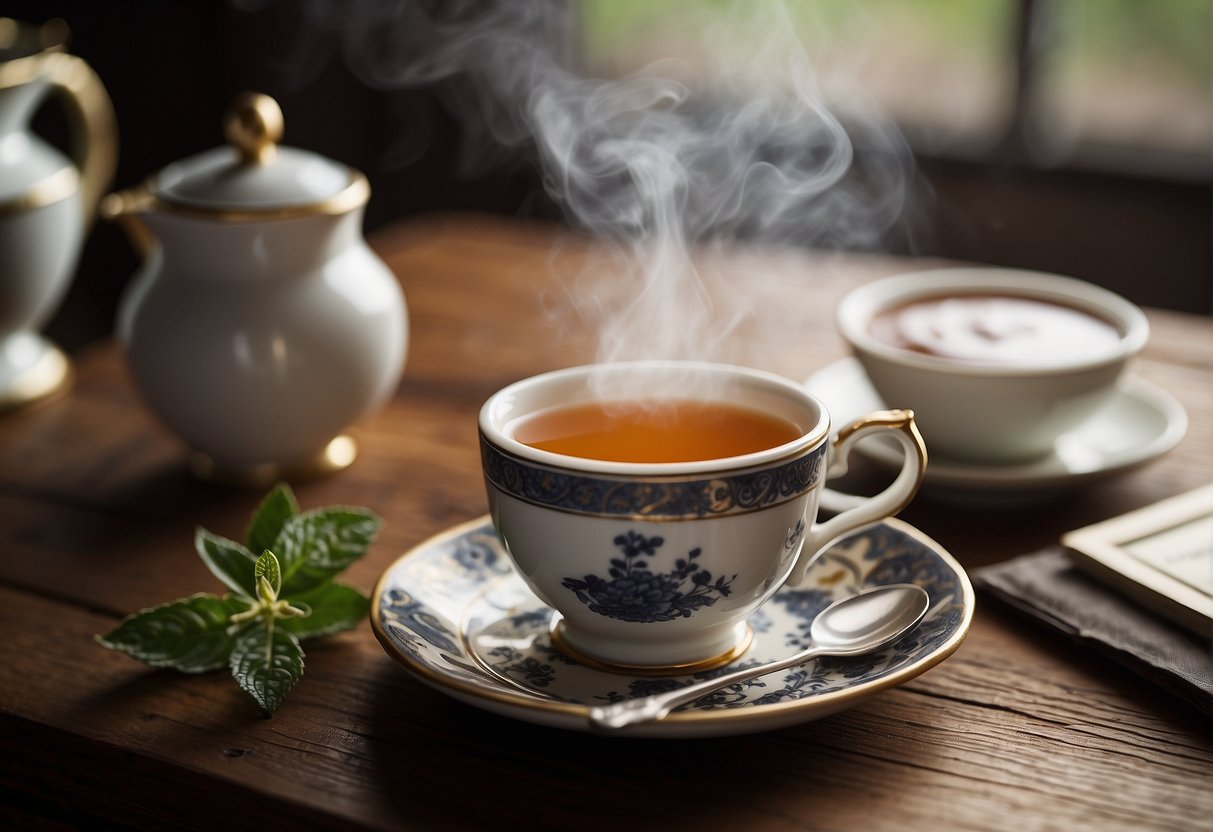 A steaming mug of London Fog tea sits on a rustic wooden table, surrounded by a delicate porcelain teacup, a frothy milk pitcher, and a small vial of vanilla extract. The soft aroma of bergamot and warm, creamy