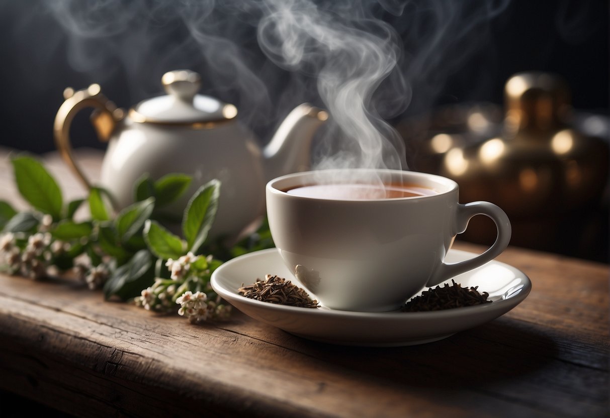 A steaming cup of London Fog tea sits on a rustic wooden table, swirling with creamy, floral aromas. A delicate teapot and loose tea leaves complete the cozy scene
