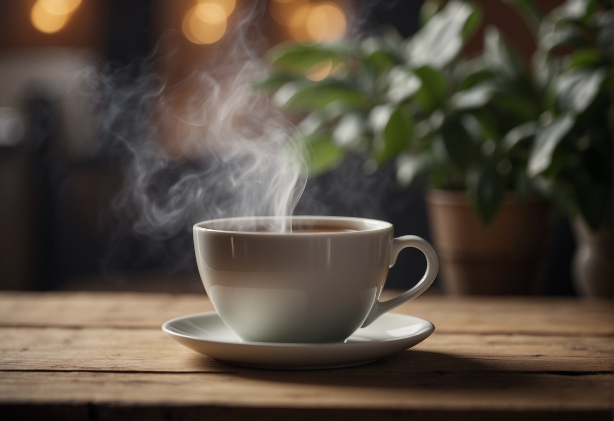 A steaming cup of London Fog tea sits on a rustic wooden table, surrounded by a cozy atmosphere. The warm, creamy aroma wafts through the air, inviting the viewer to take a sip and experience the smooth, comforting taste of bergamot