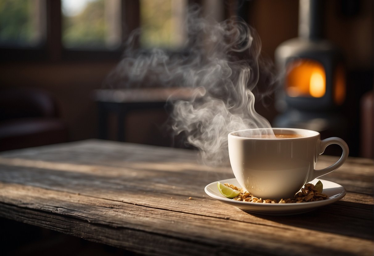 A steaming cup of London fog tea, with hints of vanilla and bergamot, sits on a rustic wooden table, surrounded by a cozy atmosphere of warmth and comfort