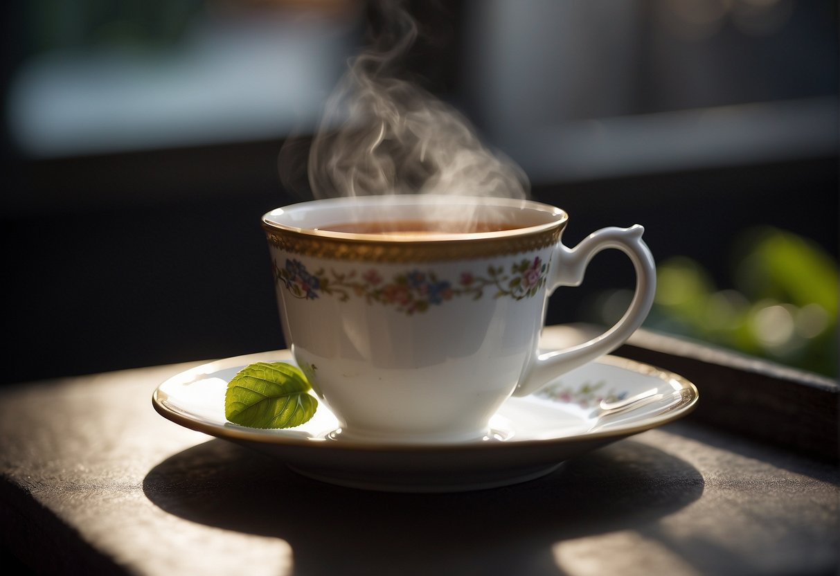 A teacup filled with London Fog tea, emitting a warm, comforting aroma with hints of bergamot and vanilla, sitting on a saucer next to a delicate teaspoon