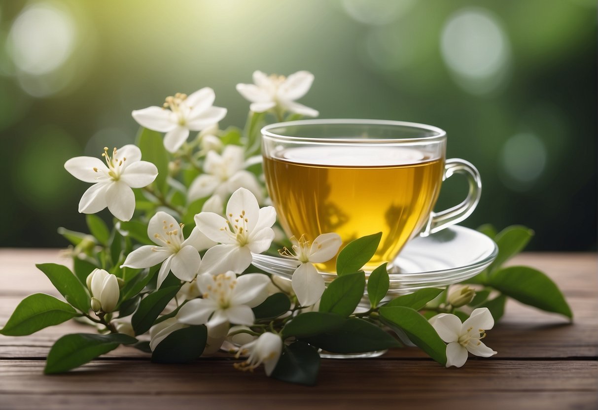 A cup of jasmine tea surrounded by fresh jasmine flowers and herbs