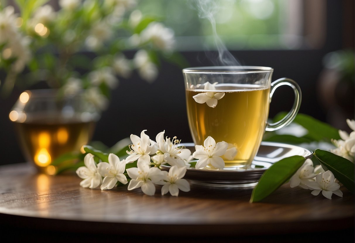 A steaming cup of jasmine tea surrounded by fresh jasmine flowers and a serene, calming atmosphere
