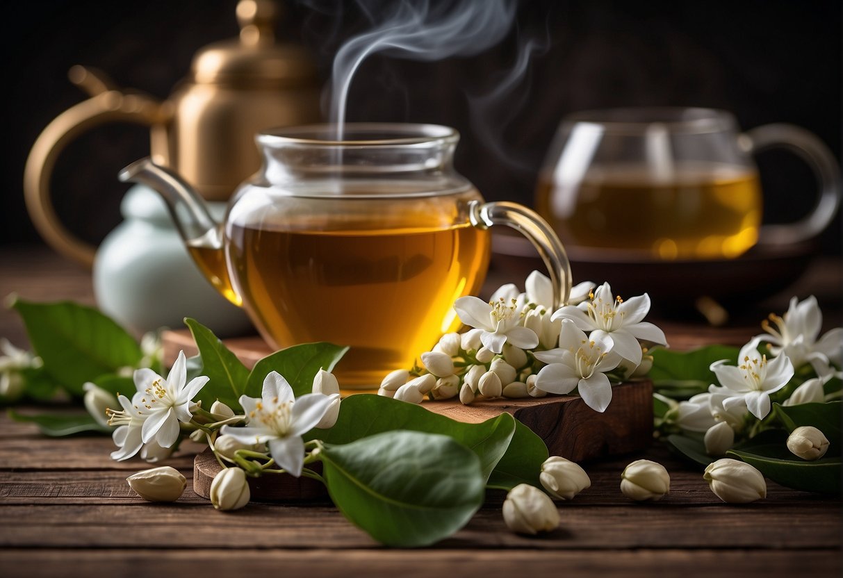 A variety of jasmine tea leaves and flowers are arranged on a wooden table, with a steaming teapot in the background