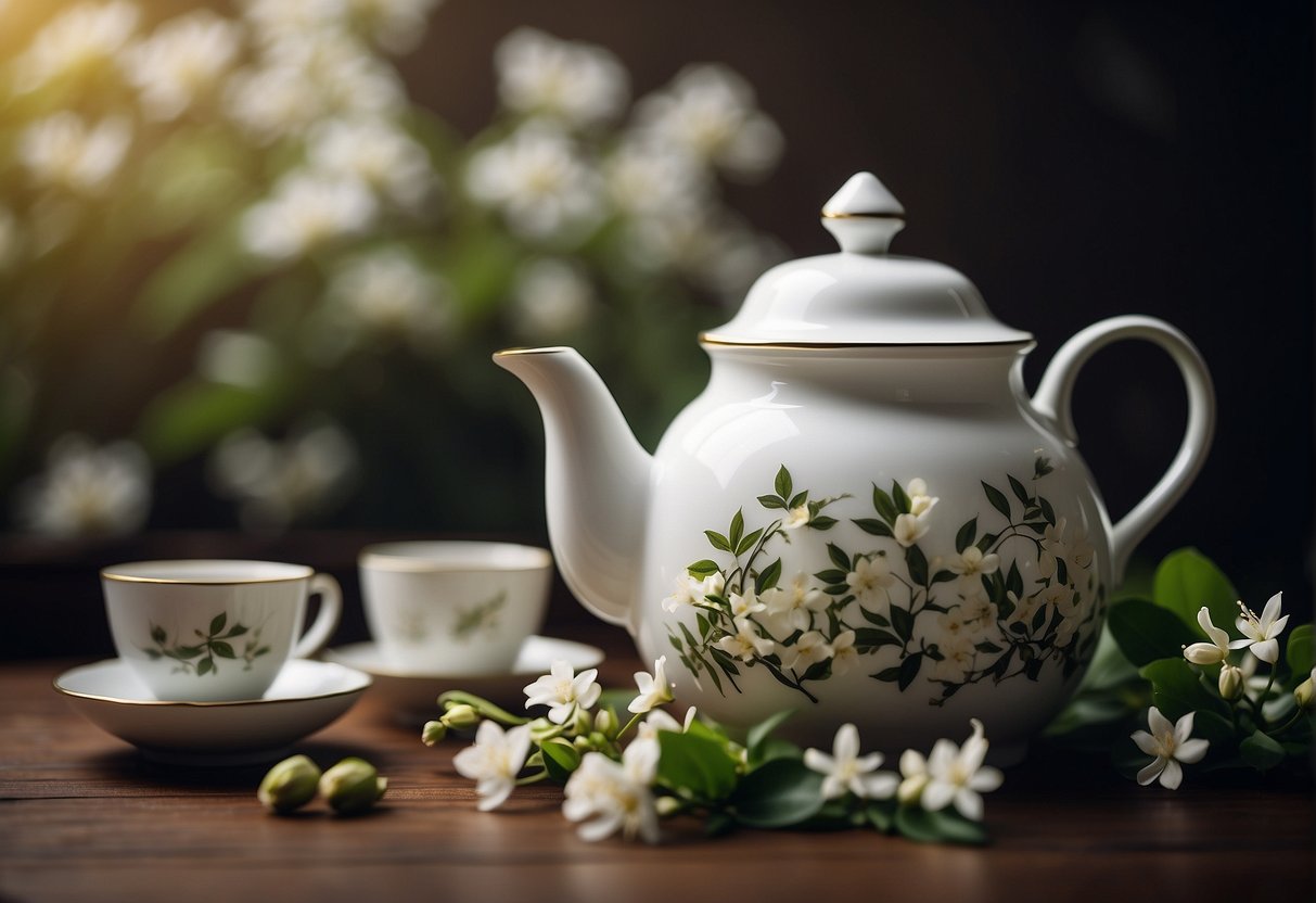 A teapot steams with fragrant jasmine tea, surrounded by delicate jasmine flowers and traditional Chinese teacups