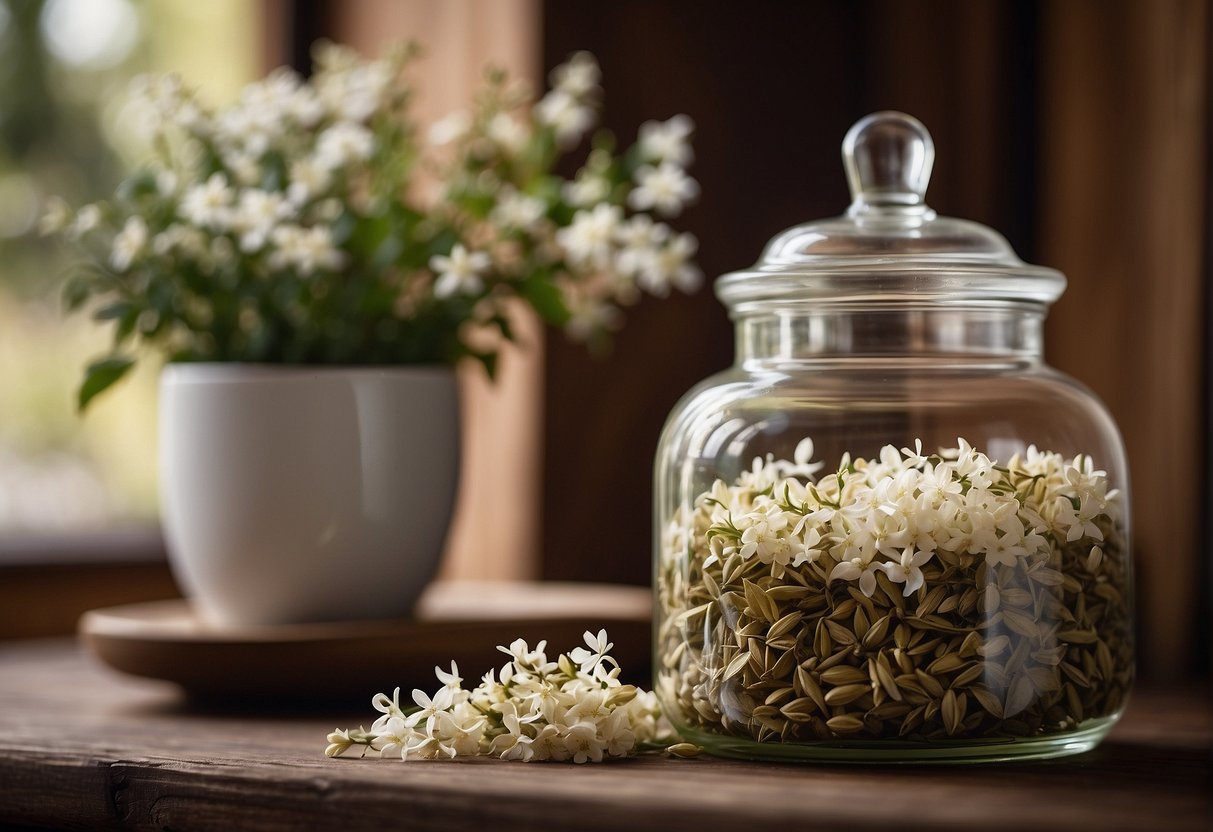 A jar of jasmine tea sits on a wooden shelf, surrounded by dried jasmine flowers and herbs