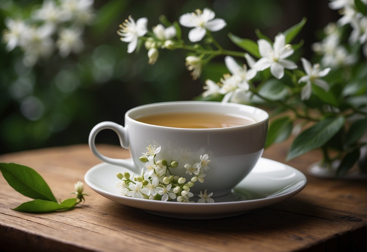 A steaming cup of jasmine tea sits on a wooden table, surrounded by delicate white flowers and green leaves