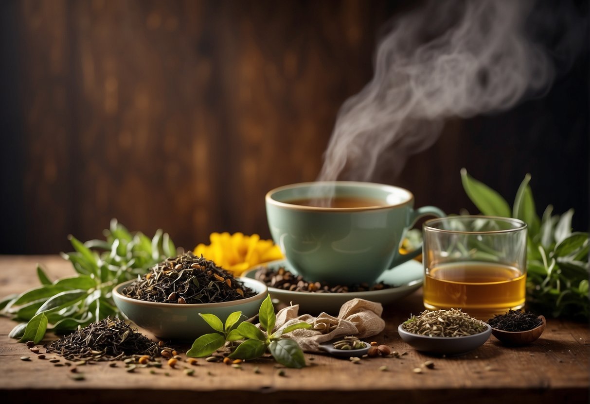 A variety of colorful tea leaves and herbs arranged on a wooden surface, with steam rising from a cup of hot antioxidant-rich tea