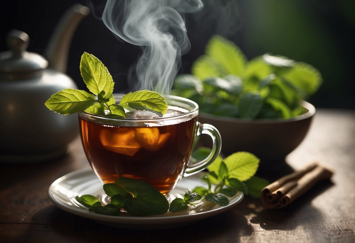 A steaming cup of herbal tea surrounded by fresh mint leaves and ginger root, with a soothing and comforting aroma