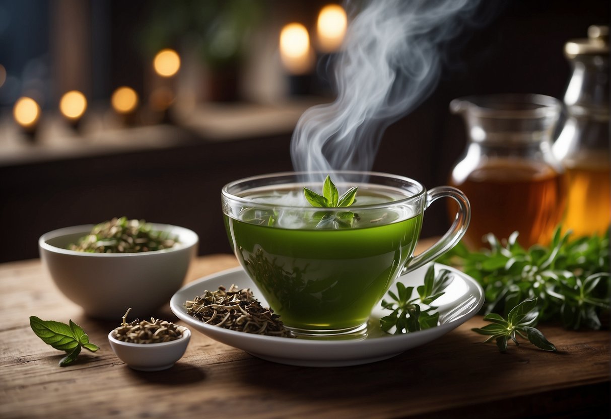 A steaming cup of herbal tea surrounded by fresh ingredients and a cozy atmosphere