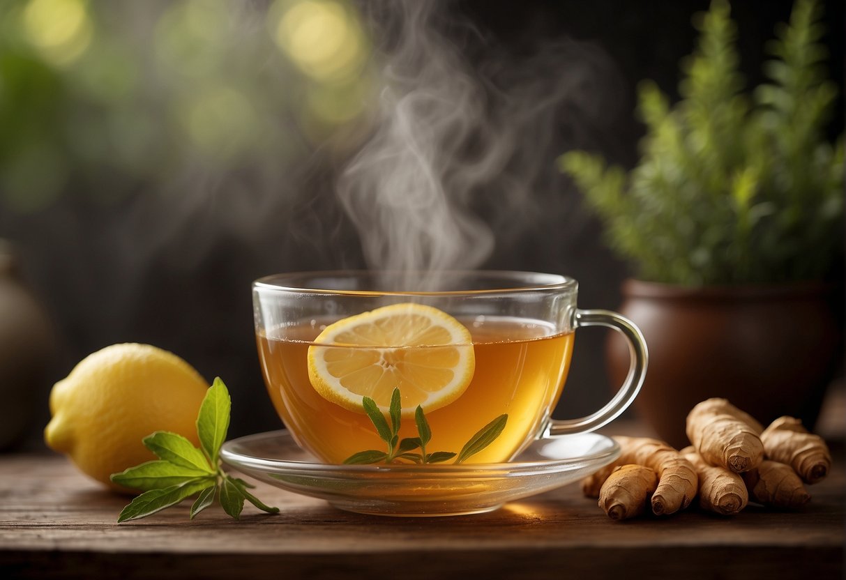 A steaming cup of herbal tea surrounded by a collection of soothing ingredients like ginger, honey, and lemon, with a comforting steam rising from the cup