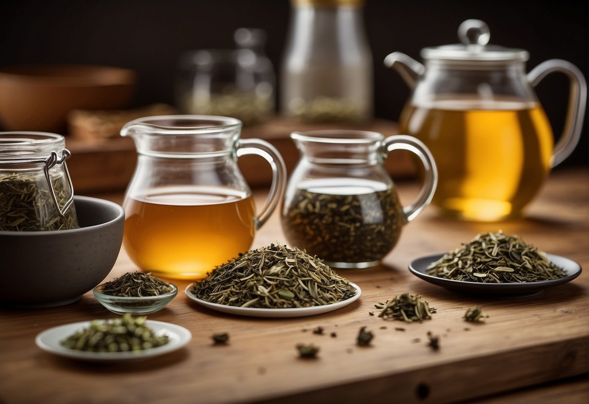 Various tea bags of different sizes and types scattered on a countertop, with a measuring cup and a gallon-sized pitcher in the background