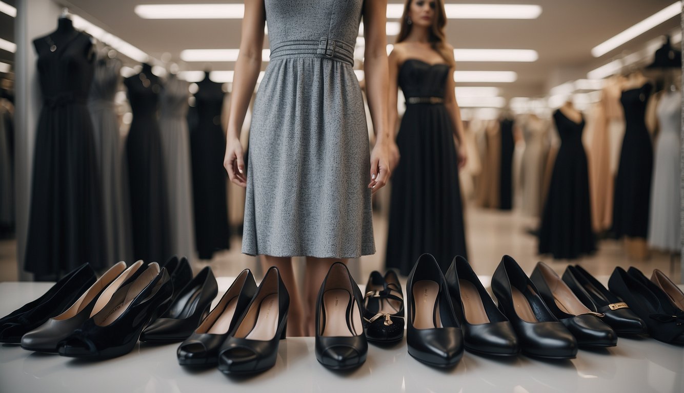 A grey dress surrounded by 10 different black shoe options