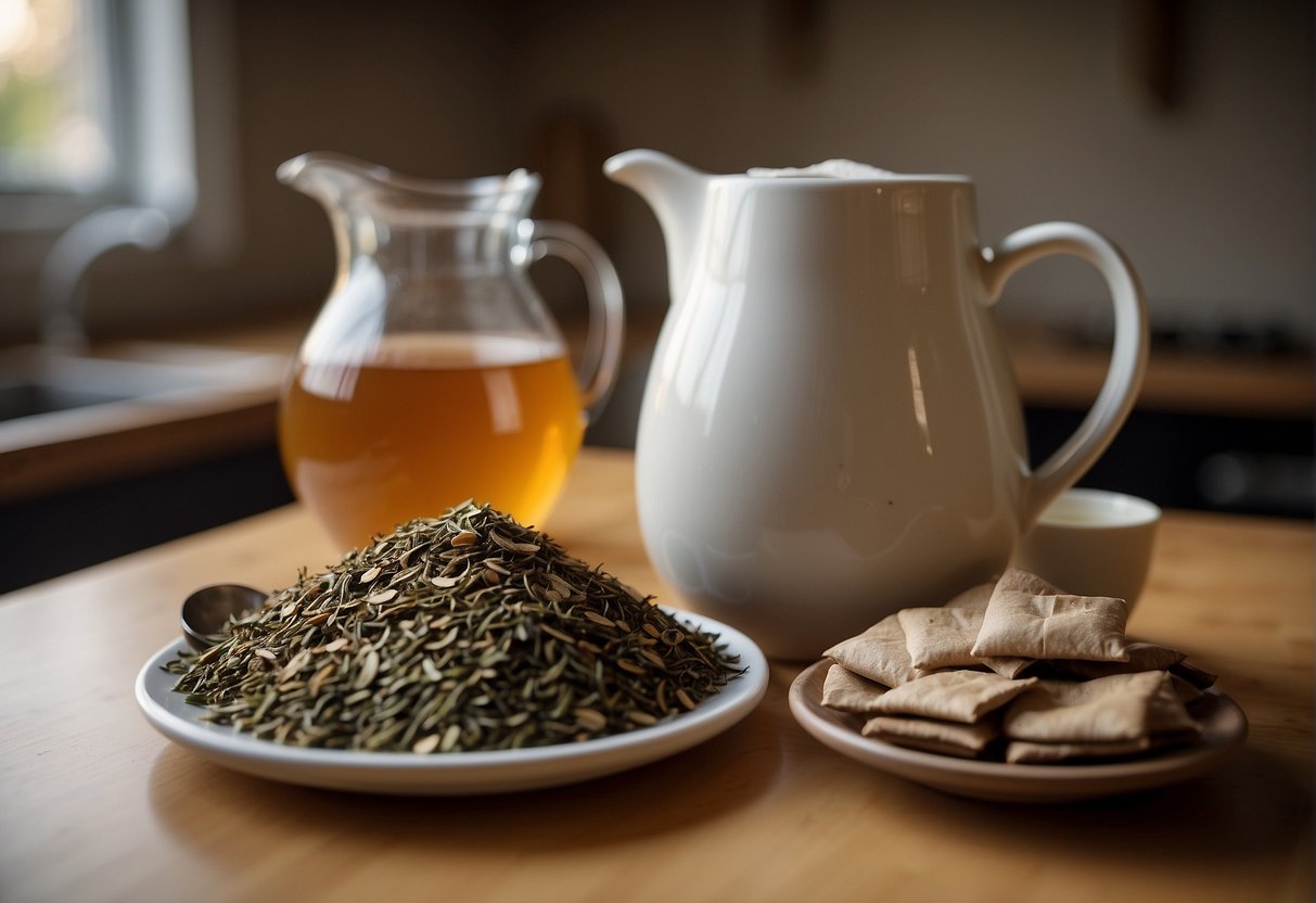 A gallon pitcher sits on a counter with several tea bags next to it. A measuring cup shows the appropriate amount of tea bags needed for the gallon