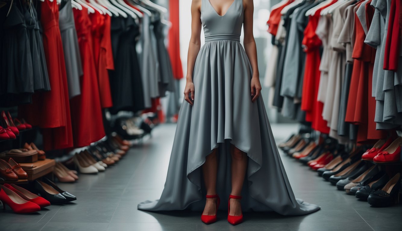 A grey dress surrounded by 10 different red shoes in various shades and styles