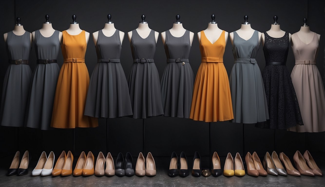 A charcoal or dark grey dress surrounded by 10 different shoe colors, all coordinating with the grey dress
