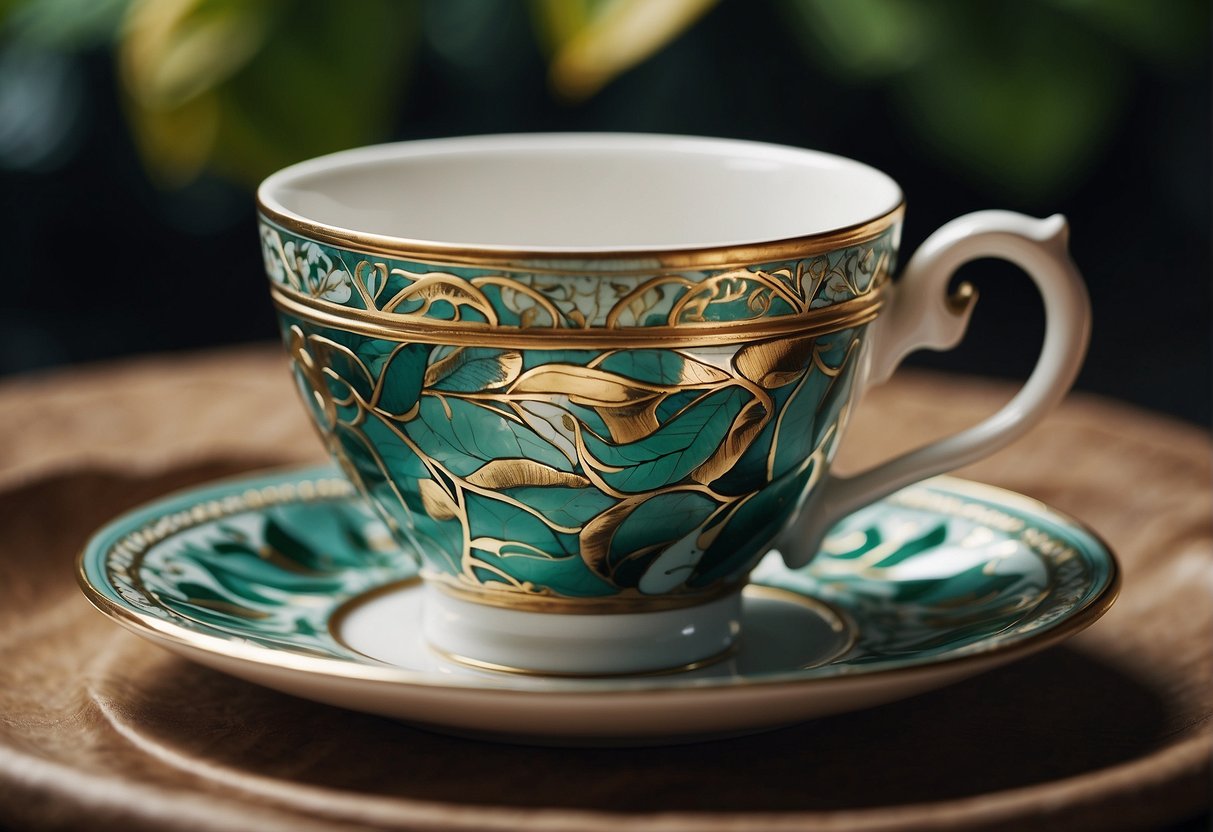 A teacup sits on a saucer, filled with steeped leaves. The patterns and symbols formed by the leaves are being carefully examined and interpreted