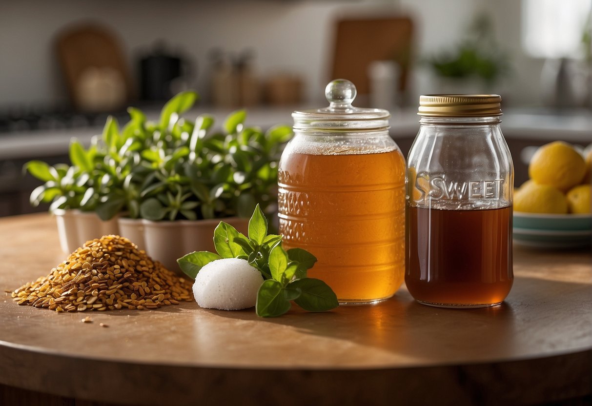A gallon of sweet tea sits on a kitchen counter. A pile of sugar alternatives, such as stevia, honey, and agave, are arranged next to it