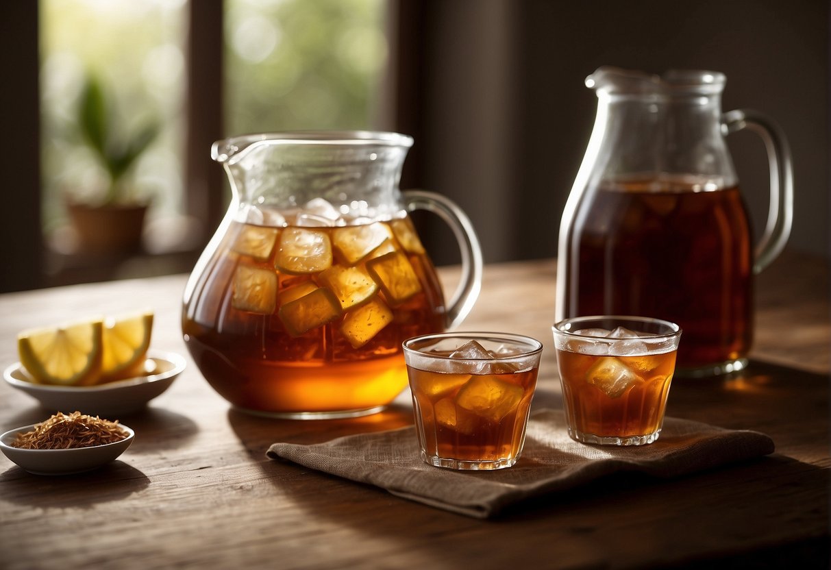 A pitcher of sweet tea sits on a table, with a measuring cup pouring sugar into it. A gallon jug of sweet tea sits nearby
