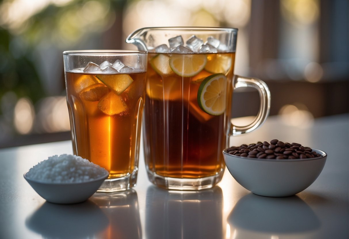 A clear glass filled with iced tea, a measuring spoon with powdered caffeine, and a measuring cup showing the amount of caffeine used