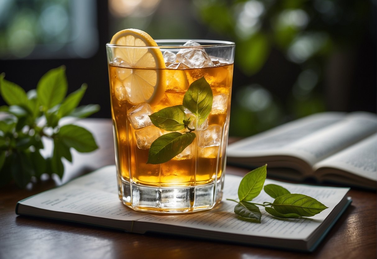 A glass of iced tea with caffeine content labeled, surrounded by green tea leaves and a medical journal on the side