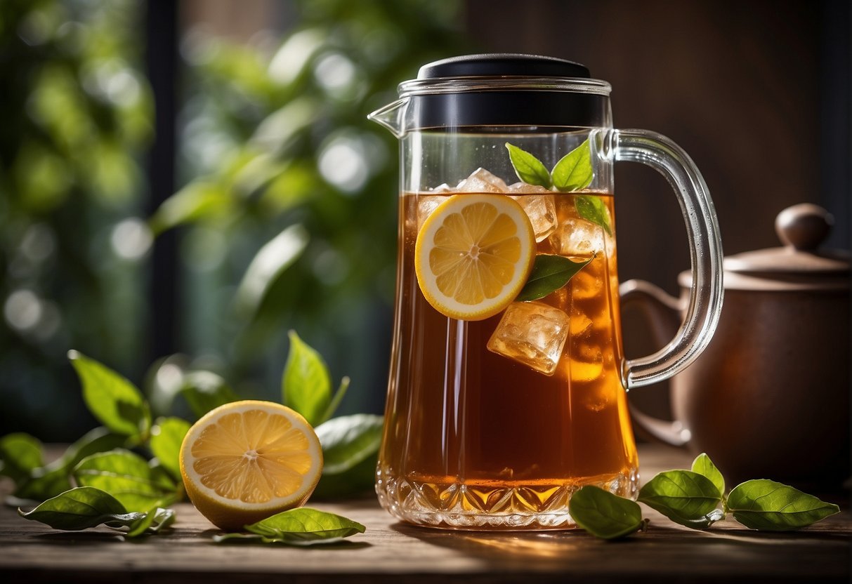 A pitcher of decaffeinated iced tea surrounded by various tea leaves and a caffeine meter showing low levels