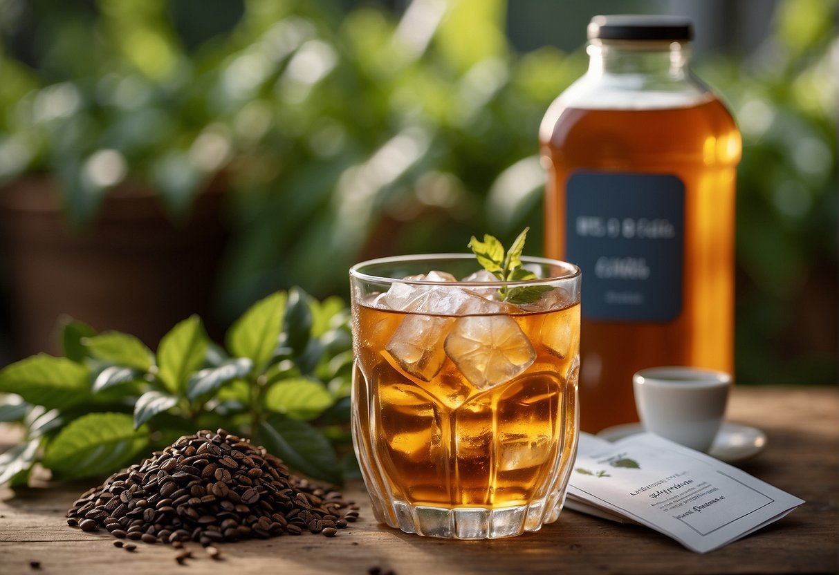 A glass of iced tea with a label showing "Frequently Asked Questions: How much caffeine in iced tea" next to a pile of tea leaves