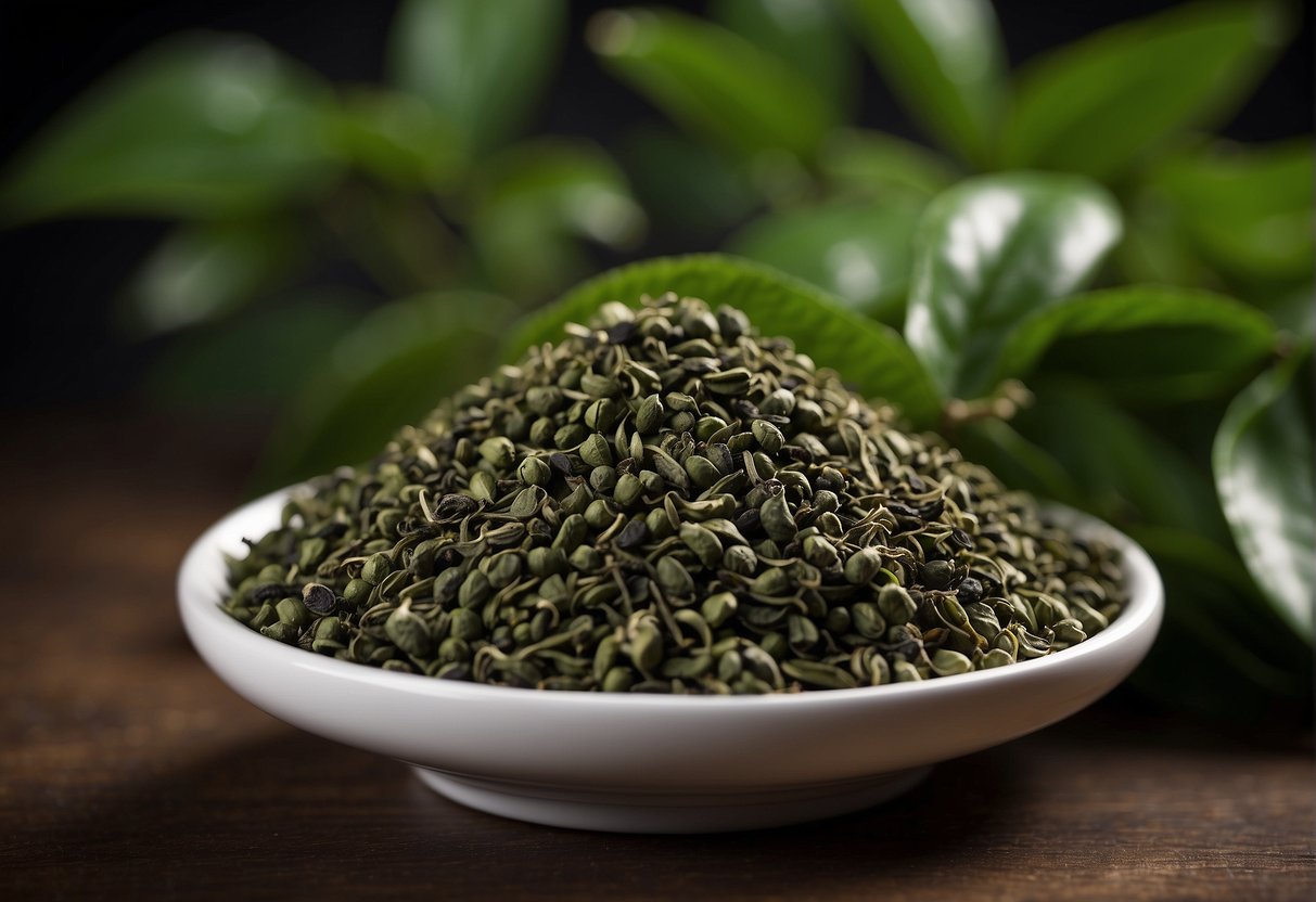 Gunpowder green tea: small, tightly rolled leaves resembling pellets. Dark green color with a smoky aroma