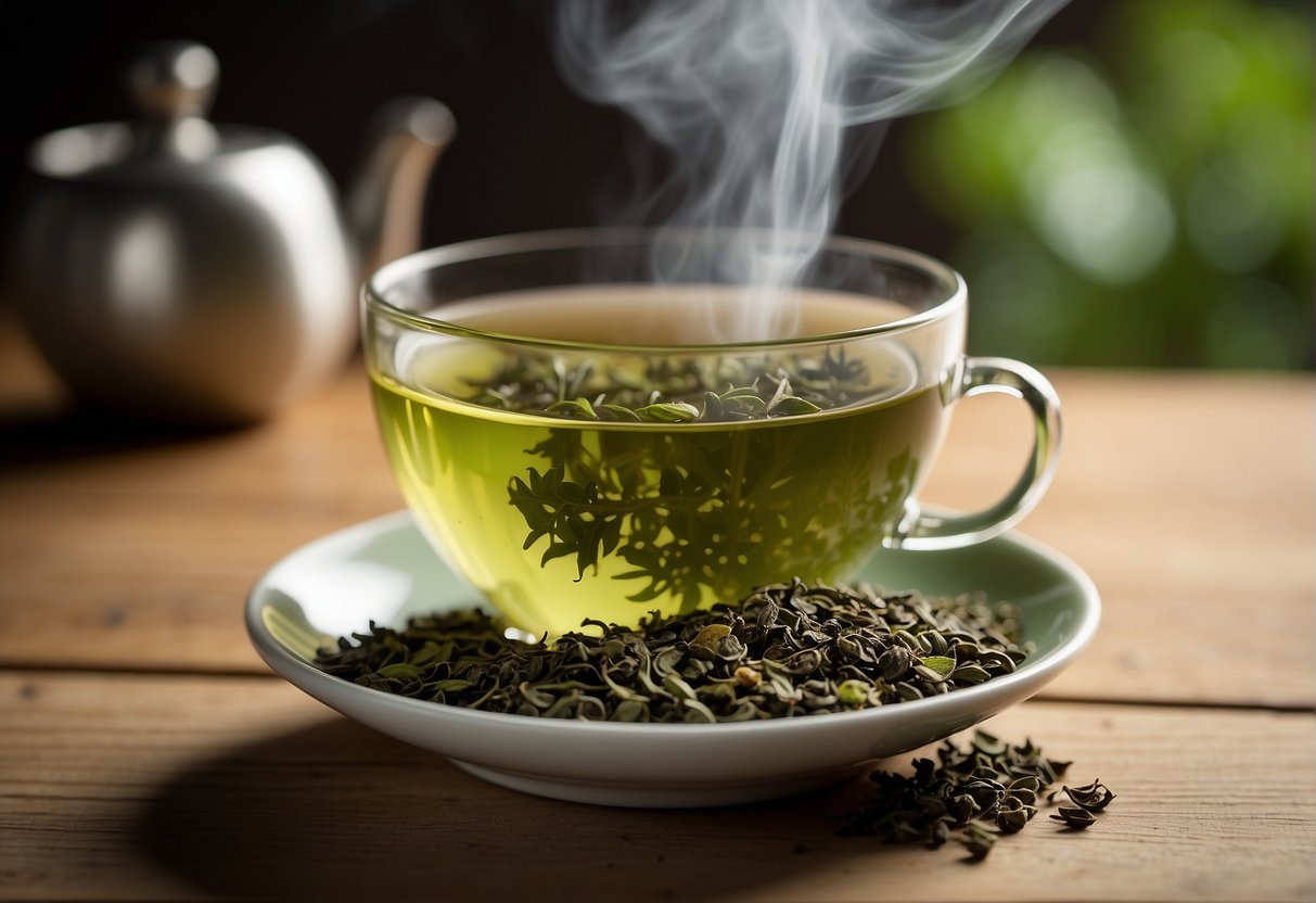 A steaming cup of gunpowder green tea sits on a wooden table, surrounded by loose tea leaves and a delicate tea infuser