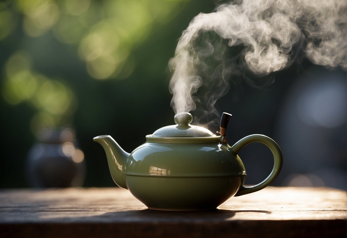 Steam rises from a teapot over a flame, as loose gunpowder green tea is poured into a delicate porcelain cup