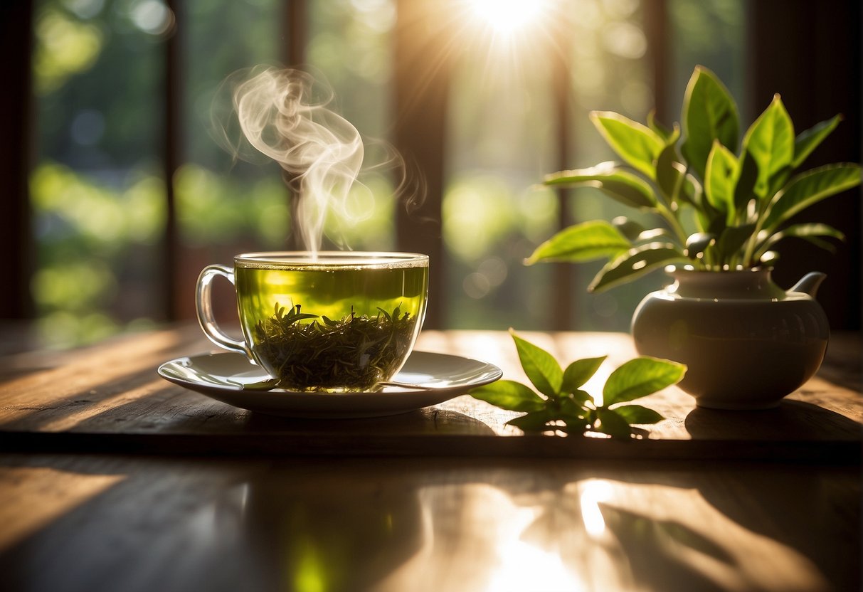 A steaming cup of gunpowder green tea sits on a wooden table, surrounded by fresh green tea leaves and a teapot. Sunlight streams through a nearby window, casting a warm glow over the scene