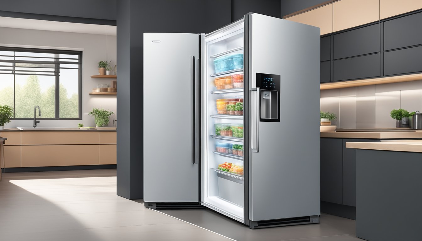An upright freezer stands in a kitchen, surrounded by other appliances. It appears sleek and modern, with a digital display showing the temperature