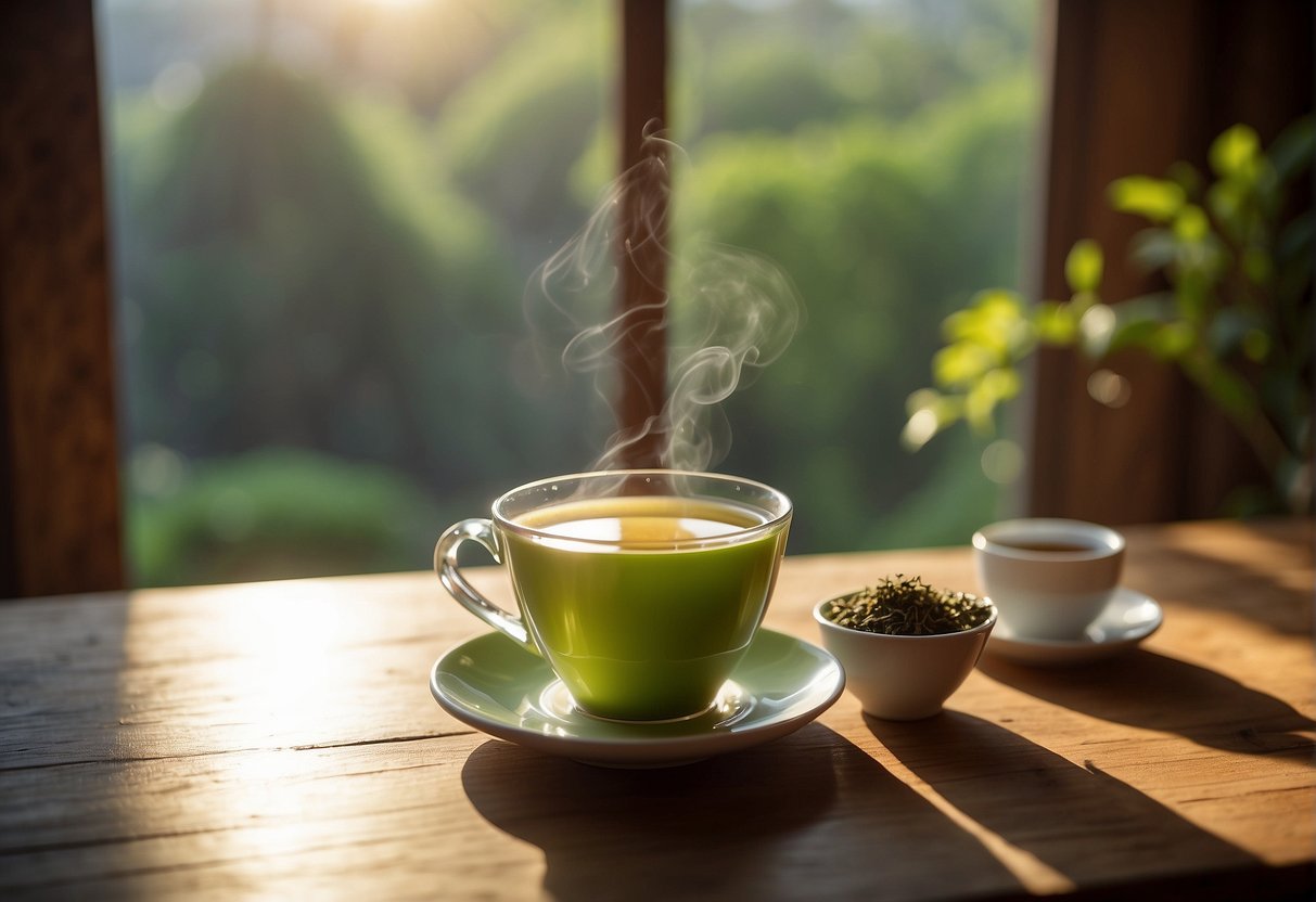 A steaming cup of gunpowder green tea sits on a wooden table, surrounded by delicate teacups and a small pot of honey. A soft glow from the afternoon sun filters through a nearby window, casting a warm and inviting light over the