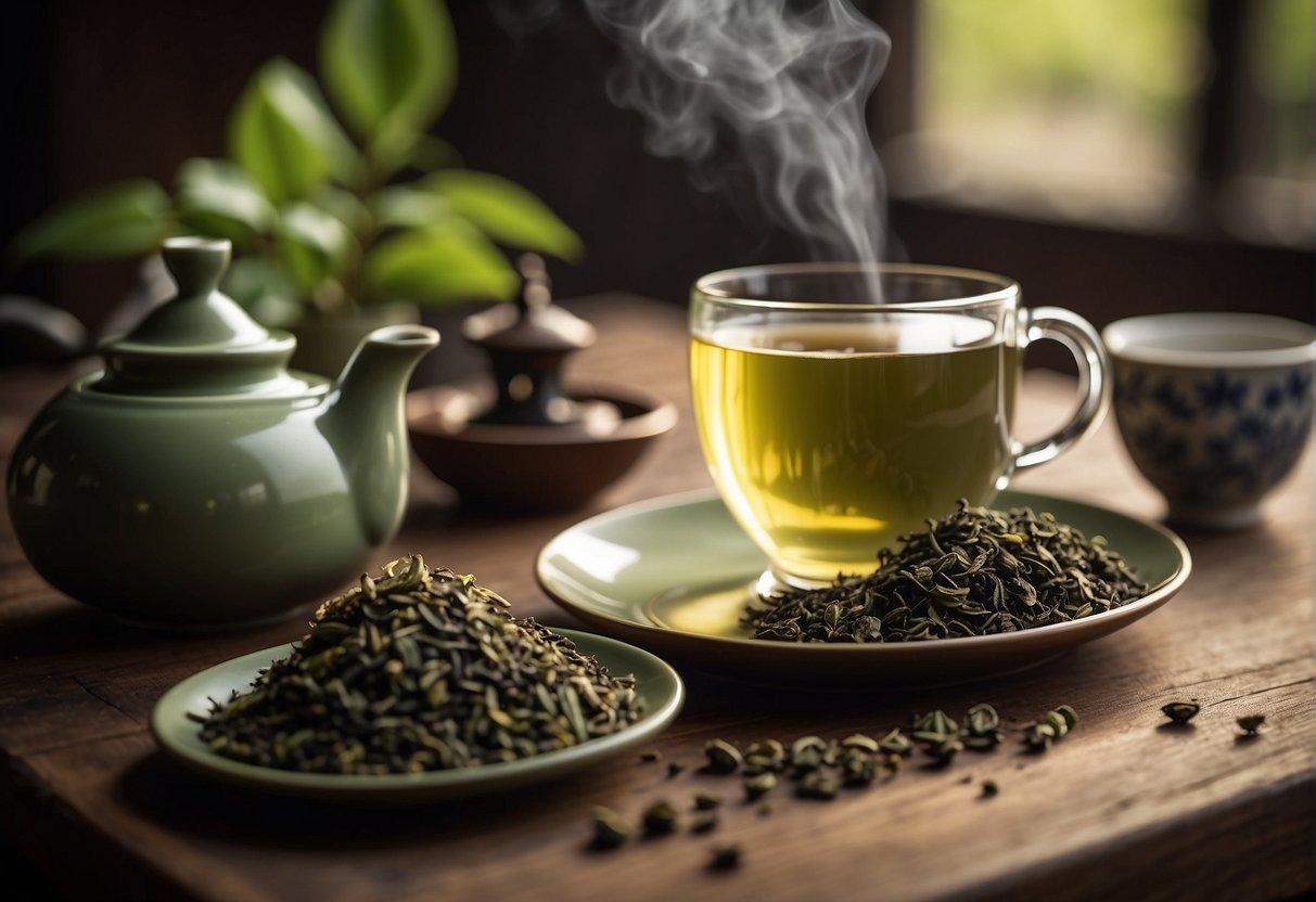 A steaming cup of gunpowder green tea sits on a wooden table, surrounded by scattered tea leaves and a traditional Chinese tea set