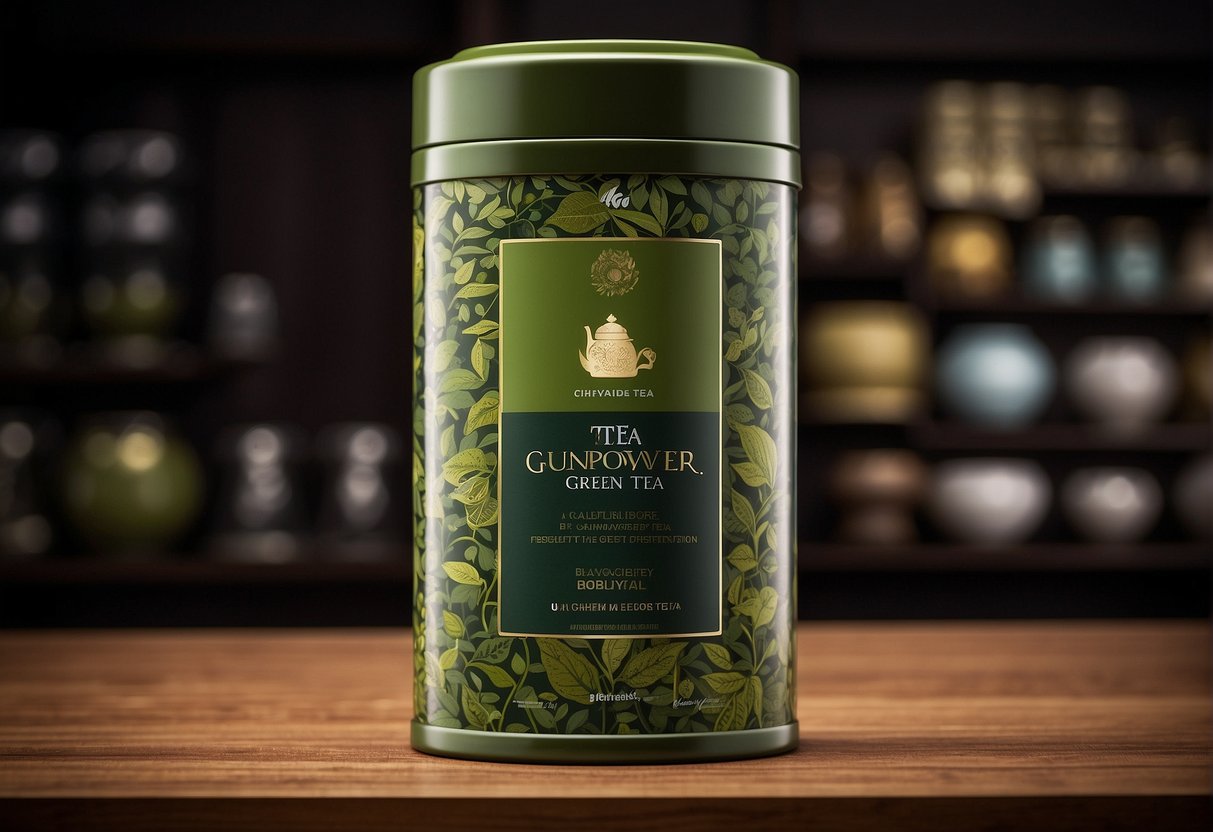 A canister of gunpowder green tea sits on a wooden shelf, surrounded by other tea varieties. The label indicates storage recommendations for optimal freshness