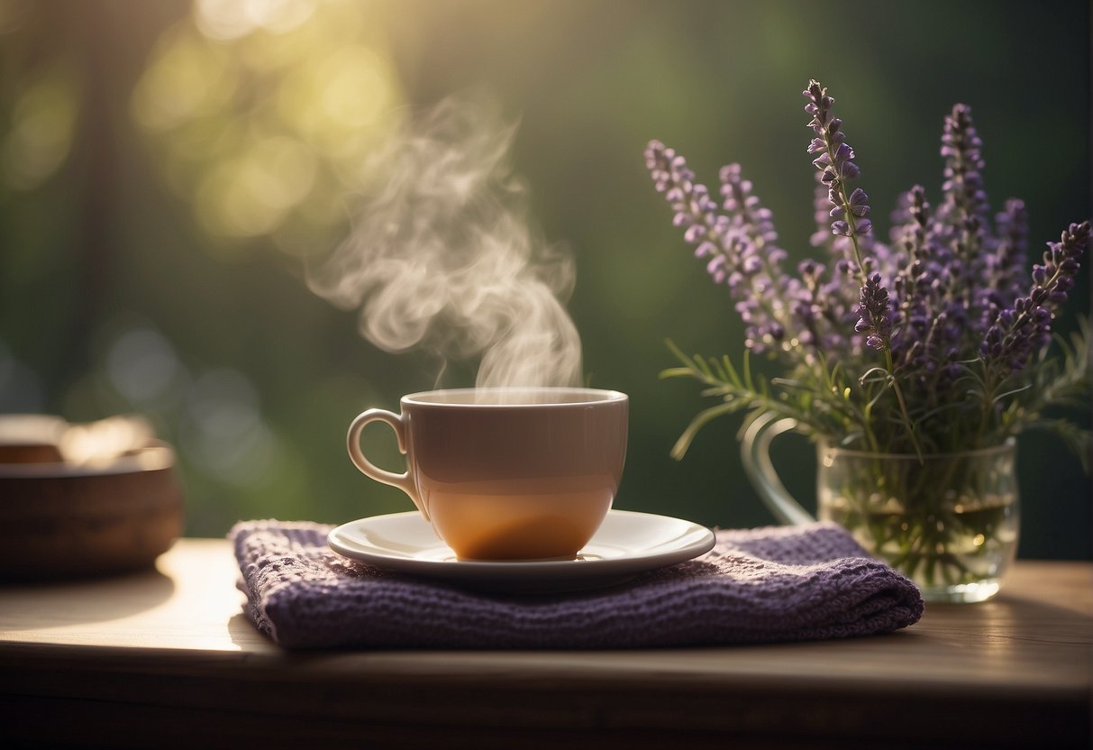A serene setting with a steaming cup of chamomile tea, a calming lavender plant, and a cozy blanket