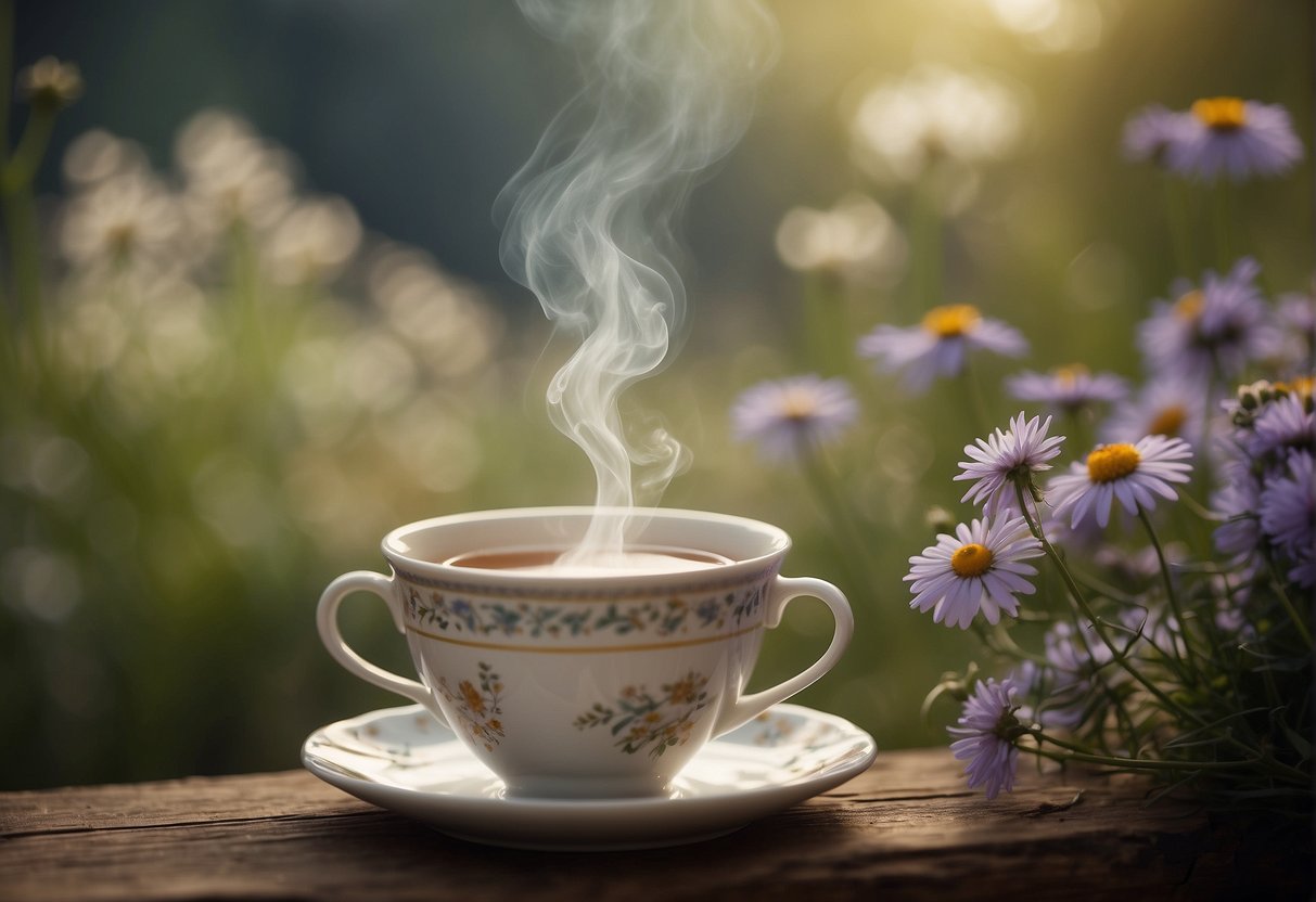 A serene scene of a steaming cup of tea surrounded by calming herbs and flowers, with a gentle breeze wafting through the air