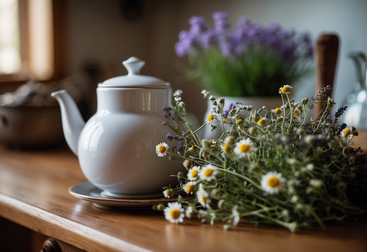 A teapot steams on a cozy kitchen counter, surrounded by calming herbs like chamomile and lavender