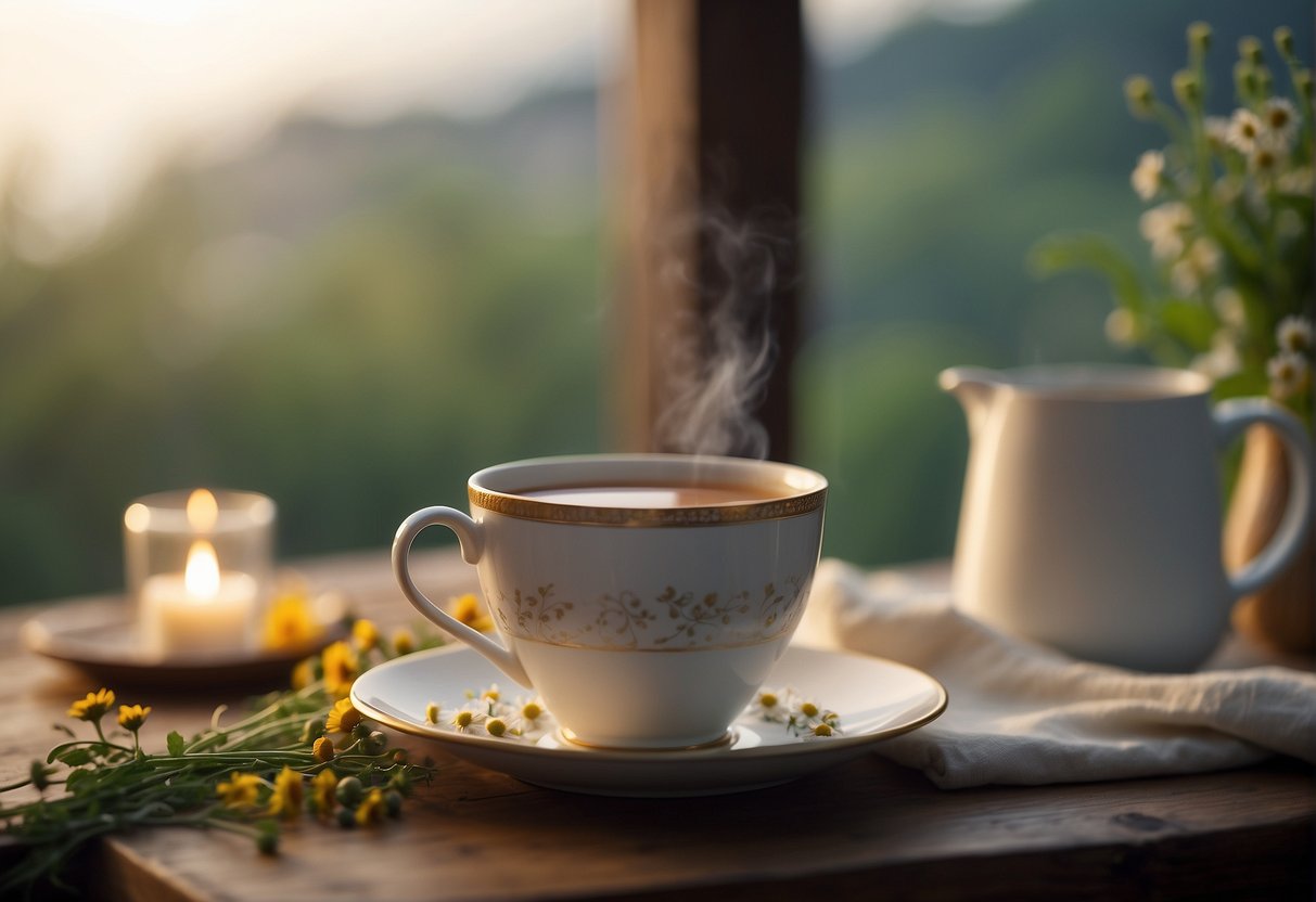 A serene setting with a steaming cup of chamomile tea surrounded by calming elements like soft lighting, cozy blankets, and a peaceful atmosphere